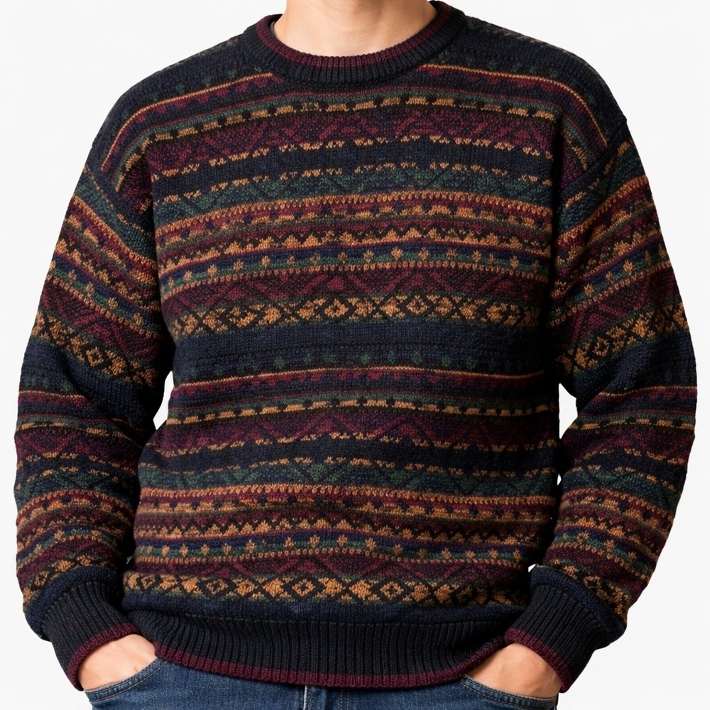 Northern Isles Fair Isle Sweater Cotton Blend Nordic Pattern Knit Pullover Heavy